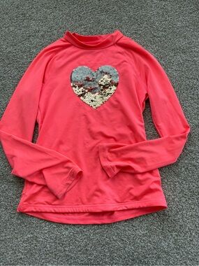 Cat & Jack Coral Pink Kids Swim Rashguard with Gold/Silver Sequin Heart